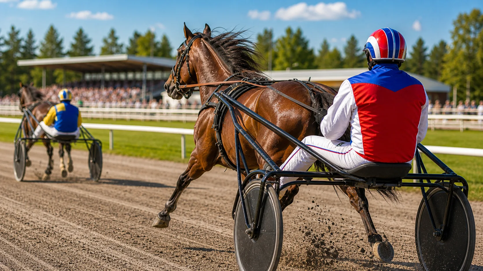 Travhäst och kusk bakifrån på upploppet