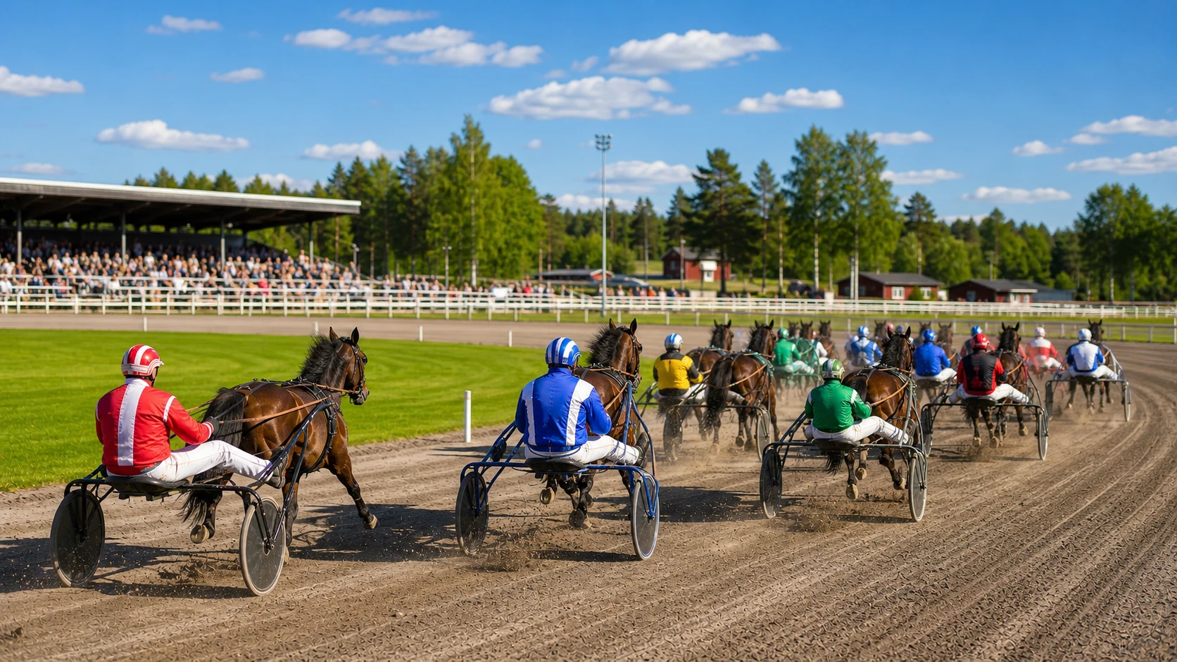 Travlopp med flera sulkyekipage på en solig svensk travbana
