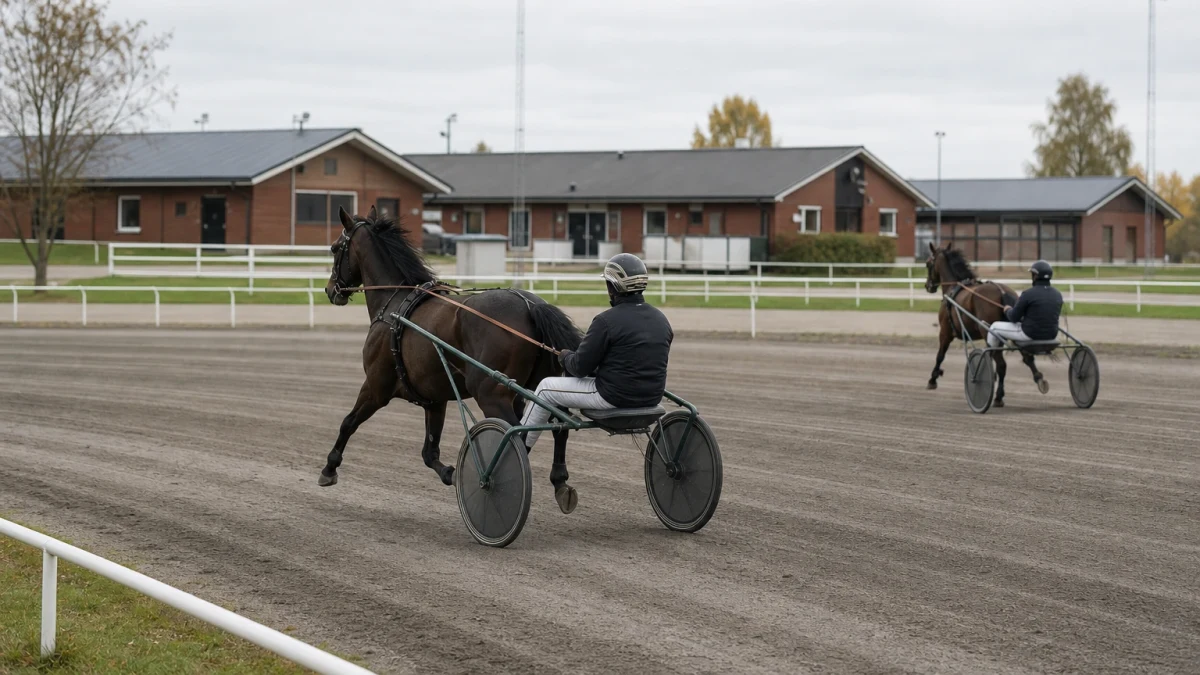 Kusk i sulky bakom travhäst på upploppet på en svensk travbana.