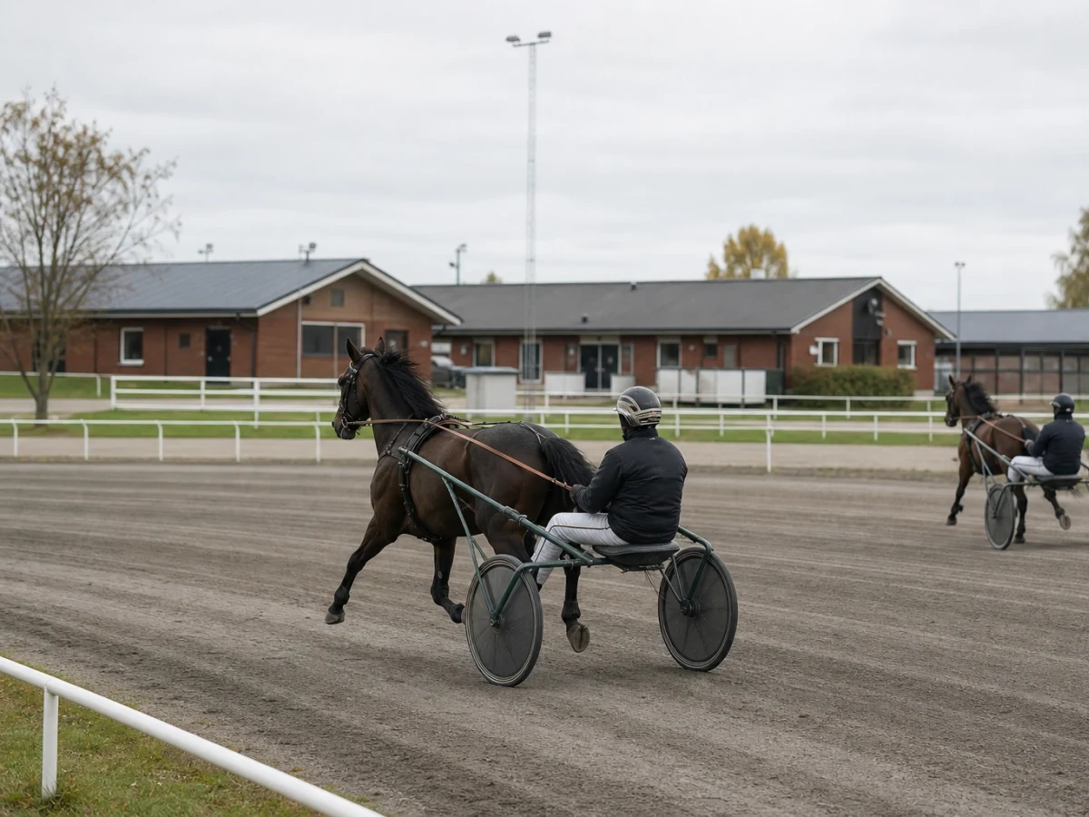 Kusk i sulky bakom travhäst på upploppet på en svensk travbana.