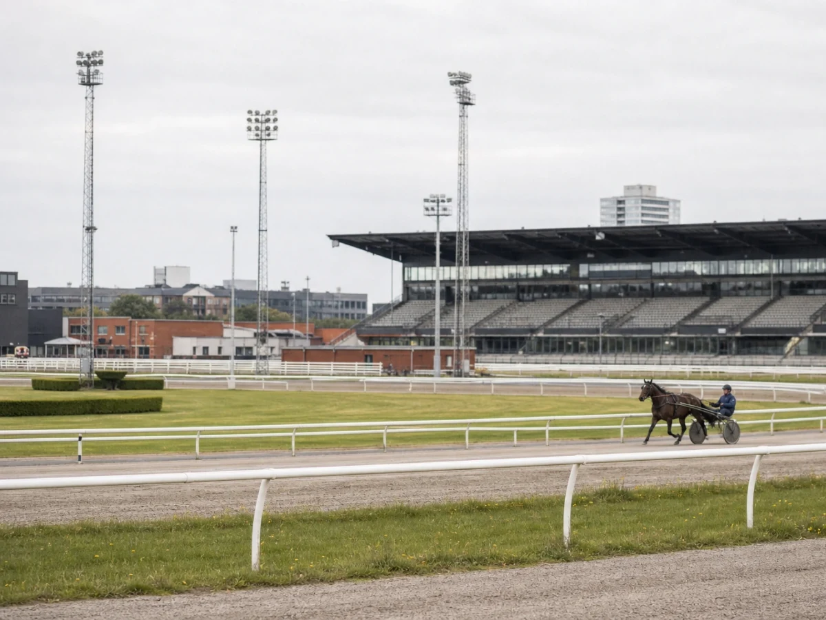 Kusk i sulky bakom travhäst på upploppet under en kvällstävling.