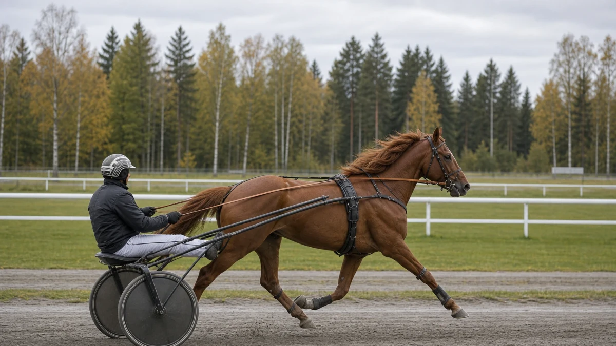 Travhäst i sulky i full fart på en svensk travbana.