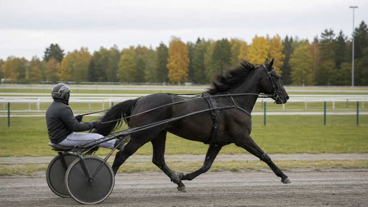 Mörk travhingst i närbild på stallbacken på en svensk travanläggning.
