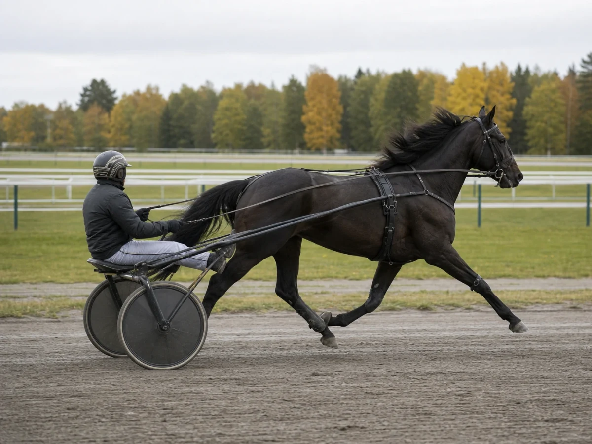 Mörk travhingst i närbild på stallbacken på en svensk travanläggning.