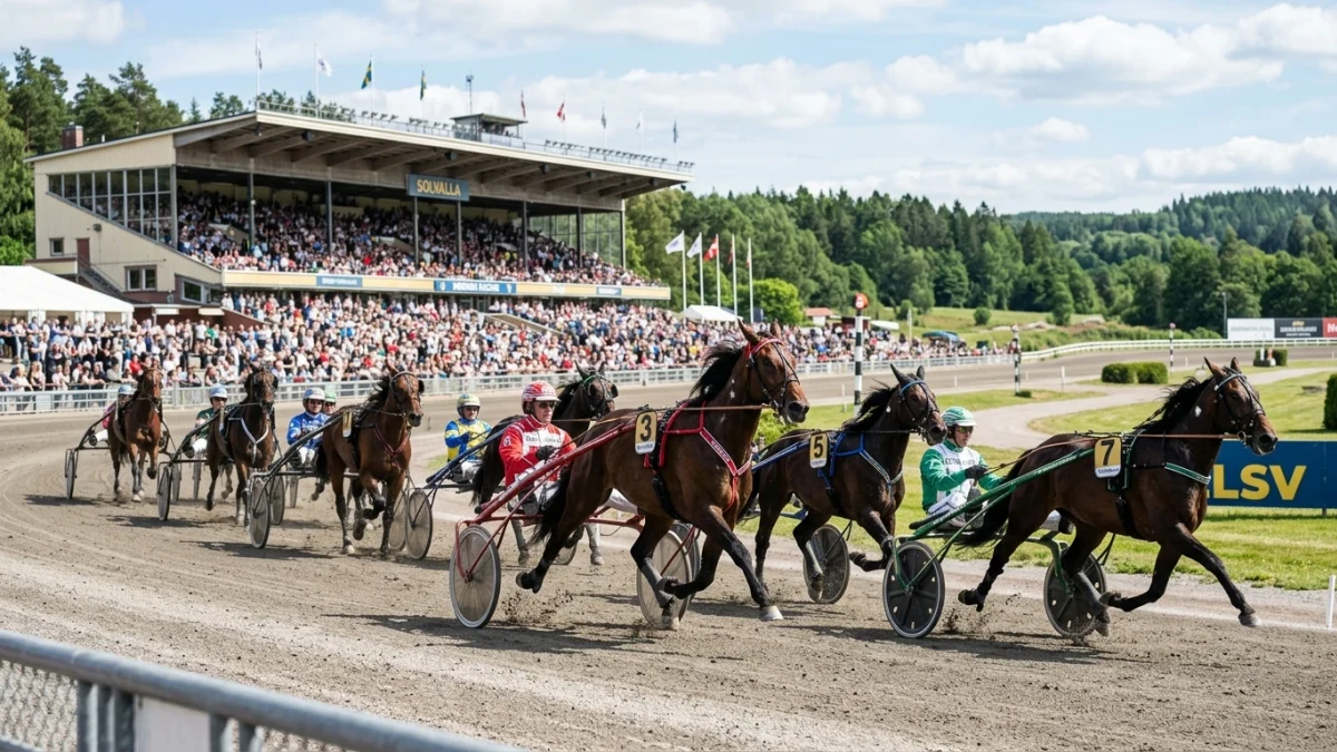 Travbana i kvällsljus med belysningsmaster runt banan.