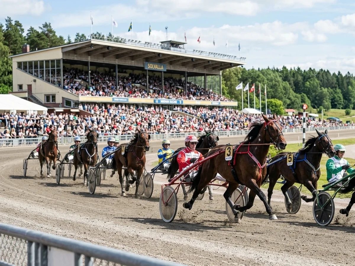 Travbana i kvällsljus med belysningsmaster runt banan.