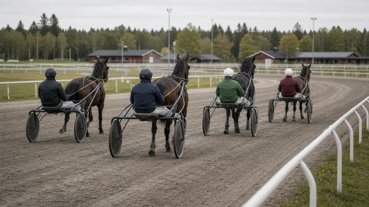 Kusk i tävlingsdräkt och hjälm i sulky bakom en travhäst.