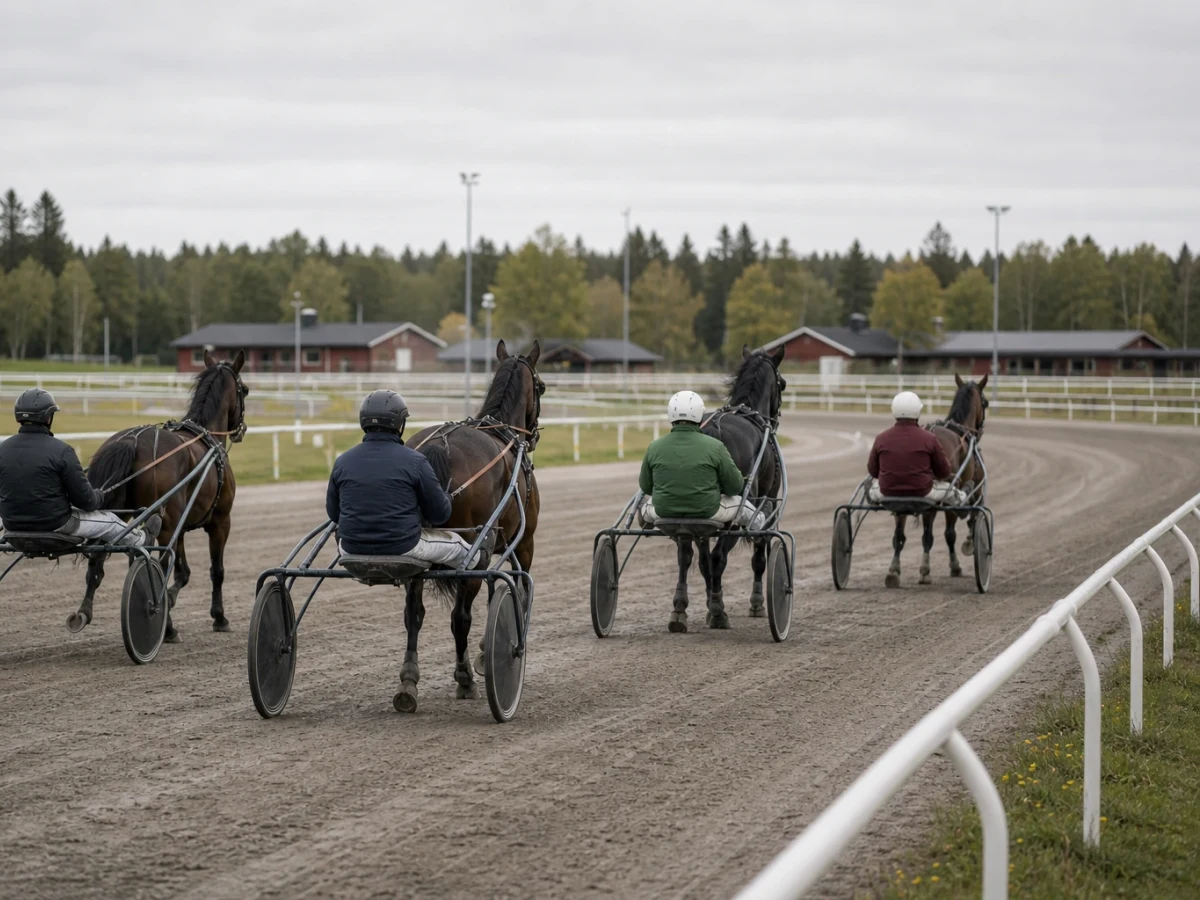 Kusk i tävlingsdräkt och hjälm i sulky bakom en travhäst.