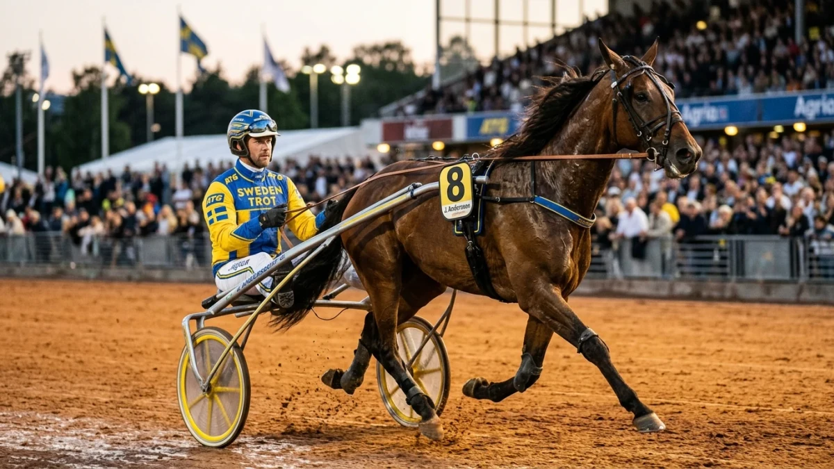 Travhästar med kuskar i sulky på upploppet under en V75-omgång.