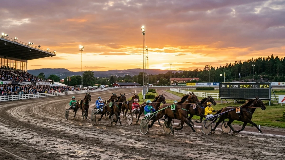Kusk i sulky bakom travhäst under en kvällsomgång.
