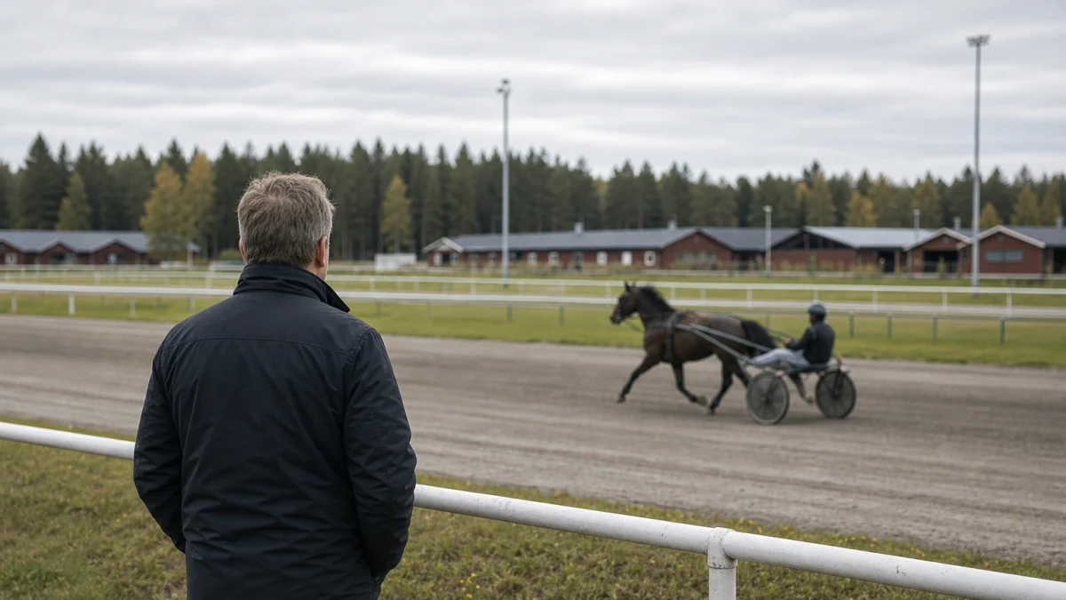 Travhäst i träningsfart på en banrakt på en svensk travanläggning.