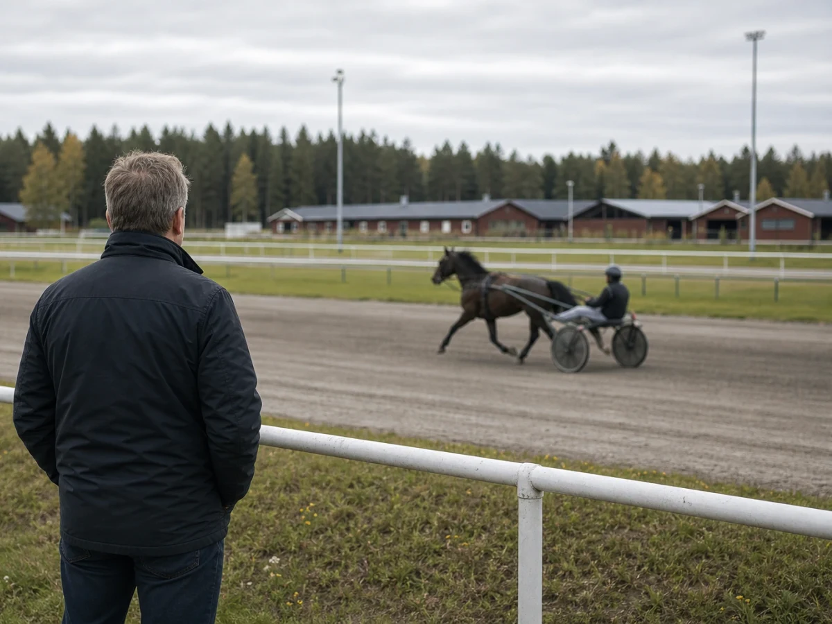 Travhäst i träningsfart på en banrakt på en svensk travanläggning.