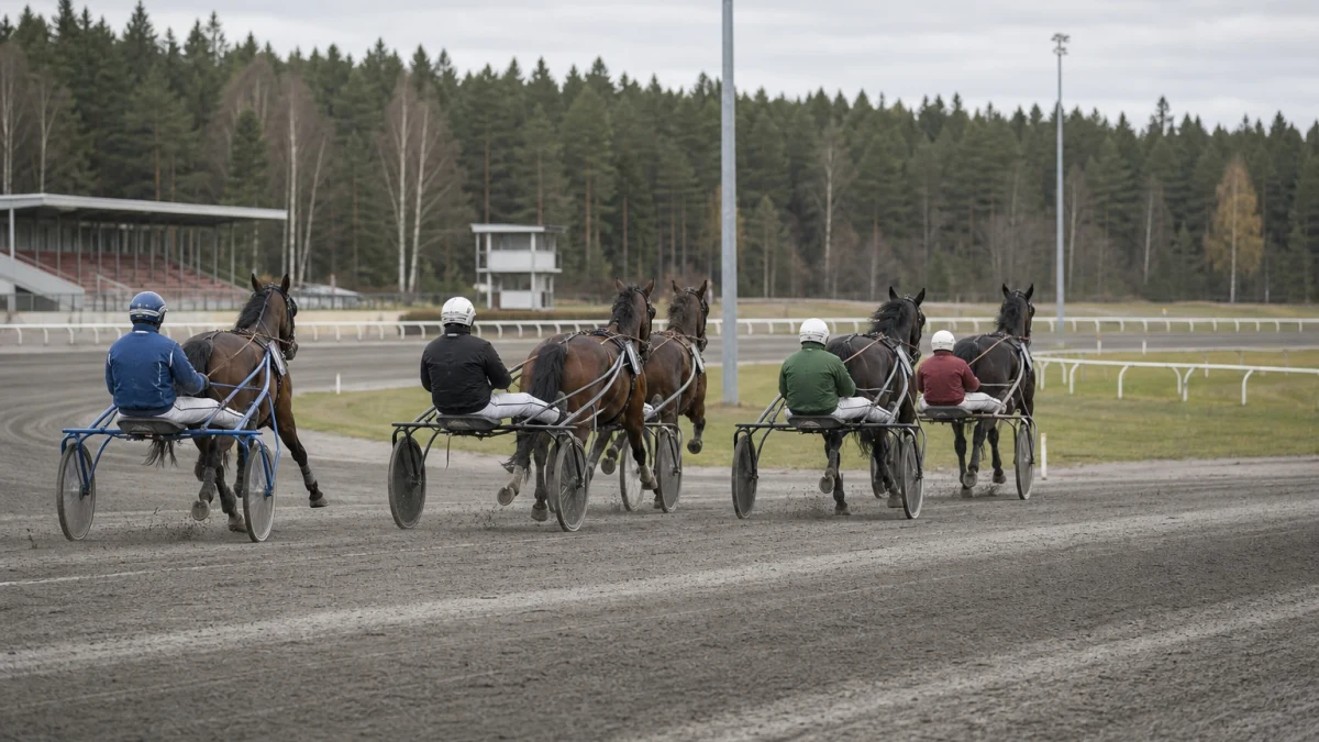 Travhästar med kuskar i sulky på upploppet under en V85-omgång.