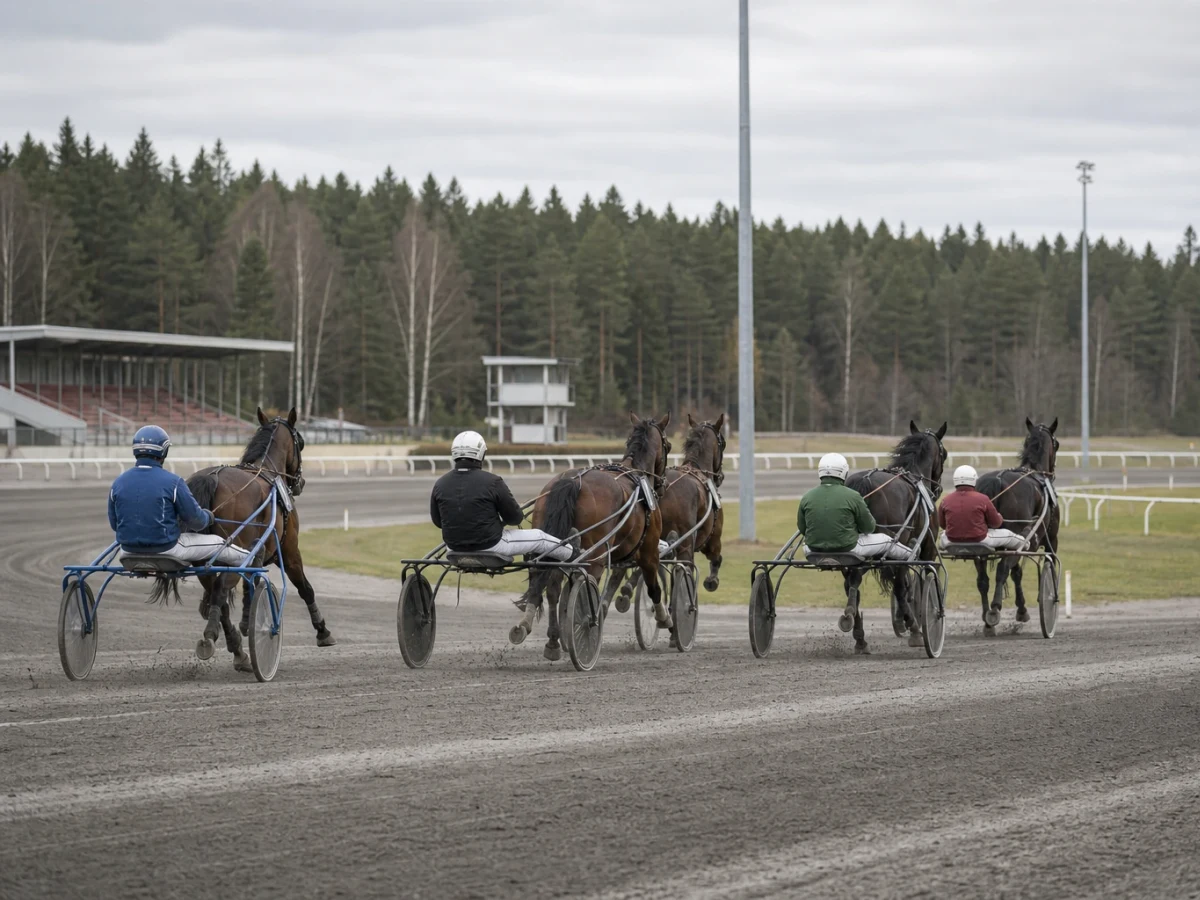 Travhästar med kuskar i sulky på upploppet under en V85-omgång.