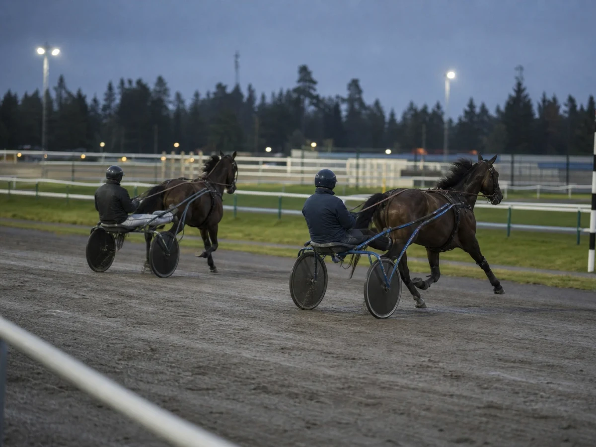 Travhästar med kuskar i sulky på upploppet under en V86-omgång.
